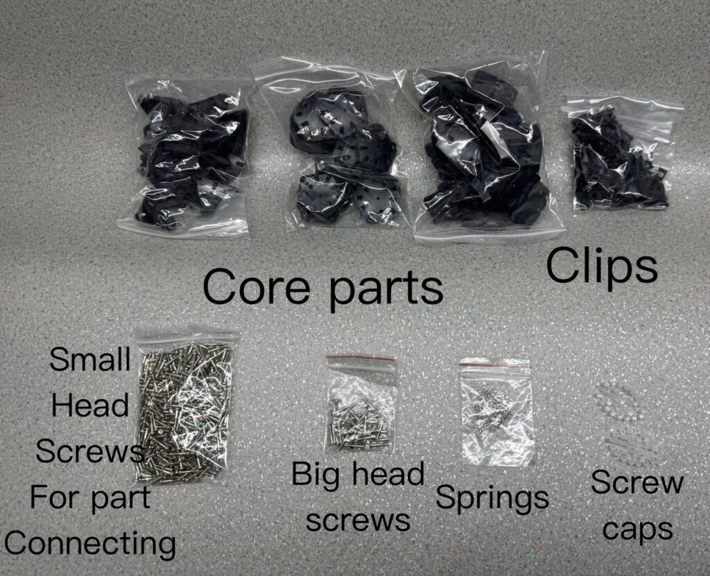 Typical official package includes core parts, clips, screw-spring-cap set and connecting screws